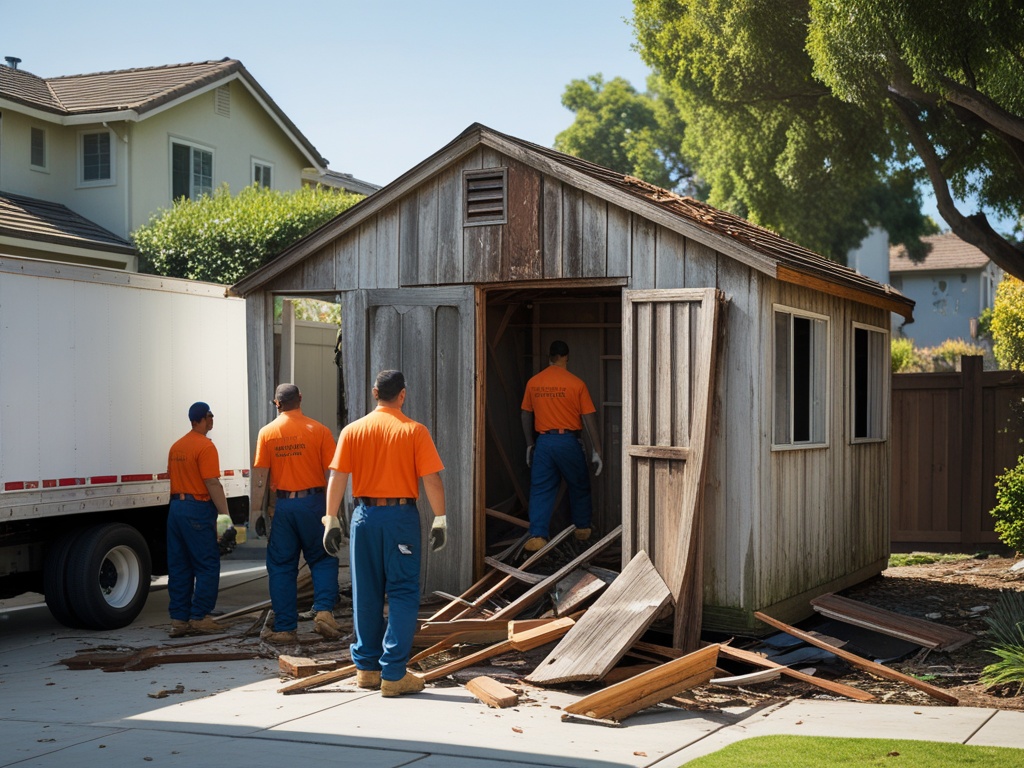 Junk removal crew dismantling and hauling away an old wooden backyard shed in Oakland