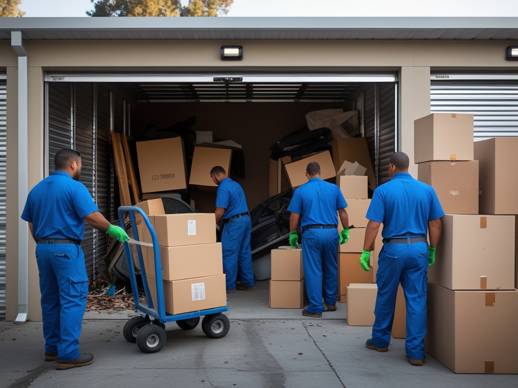 Junk removal crew emptying a storage unit in Oakland and loading boxes onto a truck